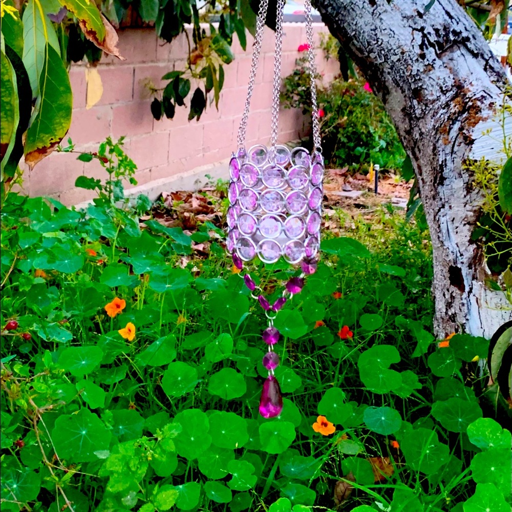 Purple Votive Tea Light Hanging Chandelier Candle Holder (Fairy Lights Included)